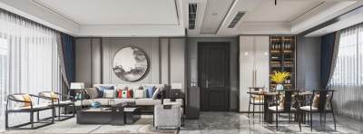 新中式客餐厅 客厅沙发茶几 电视背景墙 餐厅 单椅 餐桌椅